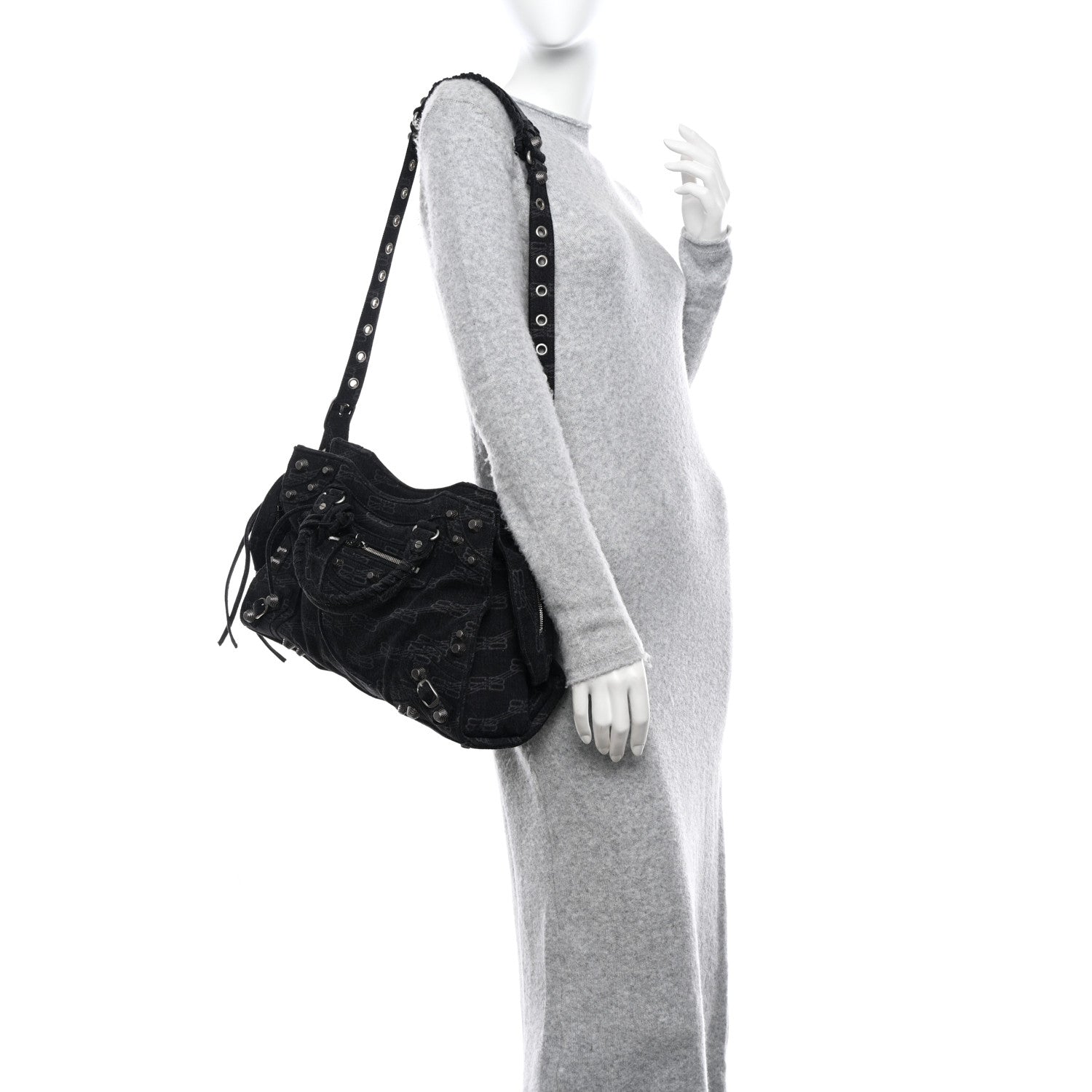 Balenciaga Washed Denim BB Monogram Neo Cagole City Handbag Black 2 of 11