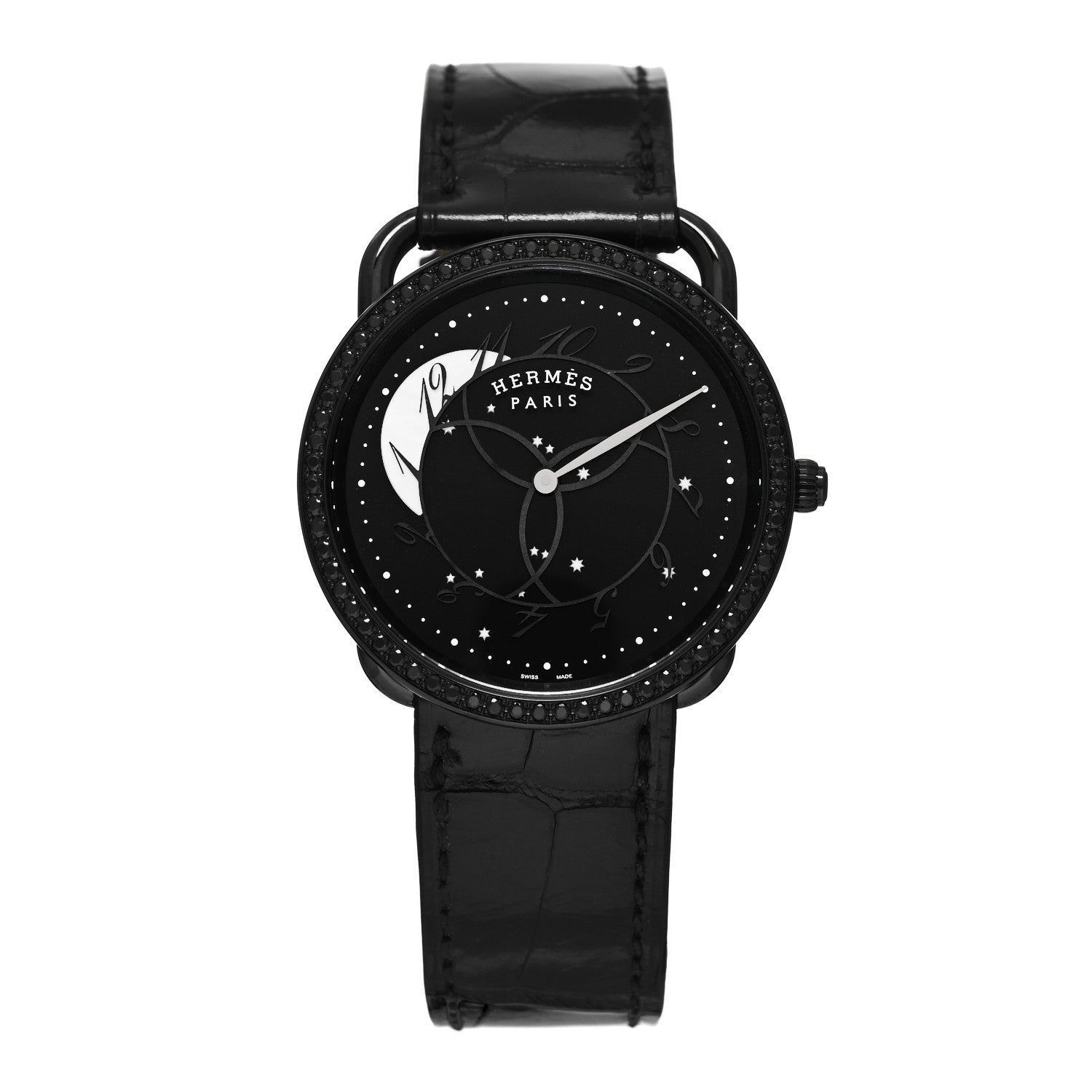 Hermes PVD Stainless Steel Alligator Black Diamond 36mm Arceau Ronde Des Heures Quartz Watch Noir 1 of 4