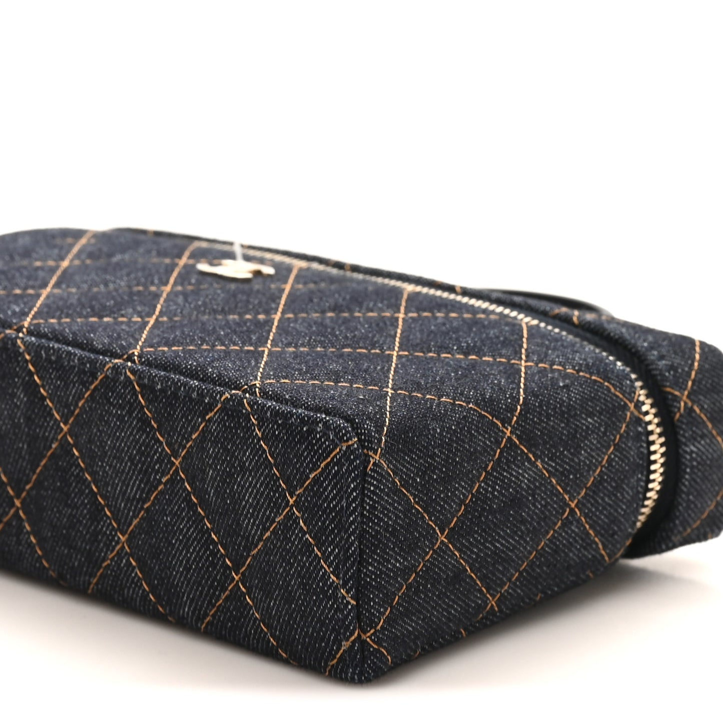 Denim Quilted Top Handle Slim Vanity Case With Chain Dark Blue Orange