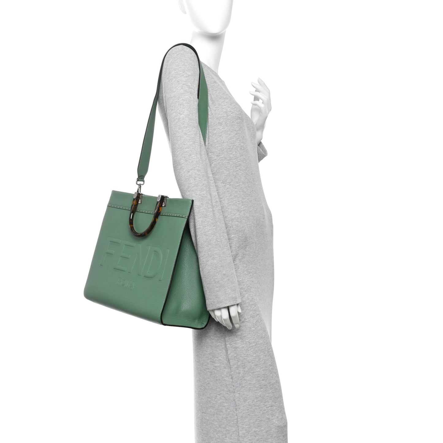 Vitello Cher Plexiglass Logo Debossed Medium Fendi Sunshine Shopper Tote Verde Islanda