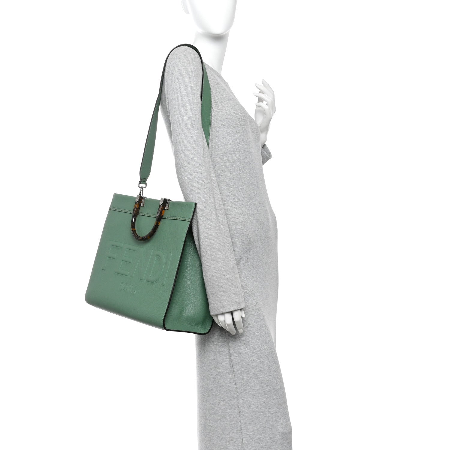 Fendi Vitello Cher Plexiglass Logo Debossed Medium Fendi Sunshine Shopper Tote Verde Islanda 2 of 11