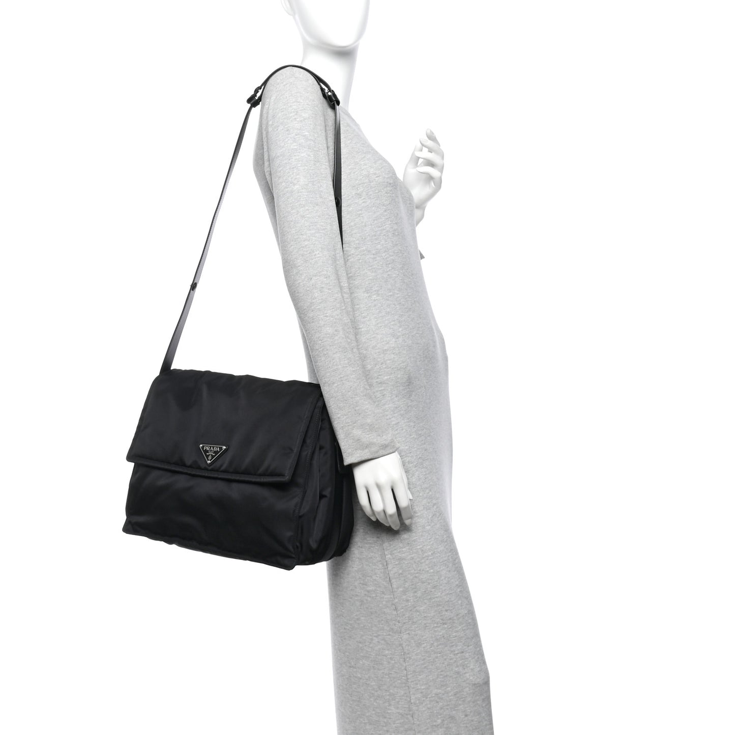 Re-Nylon Vitello Padded Large Flap Shoulder Bag Black