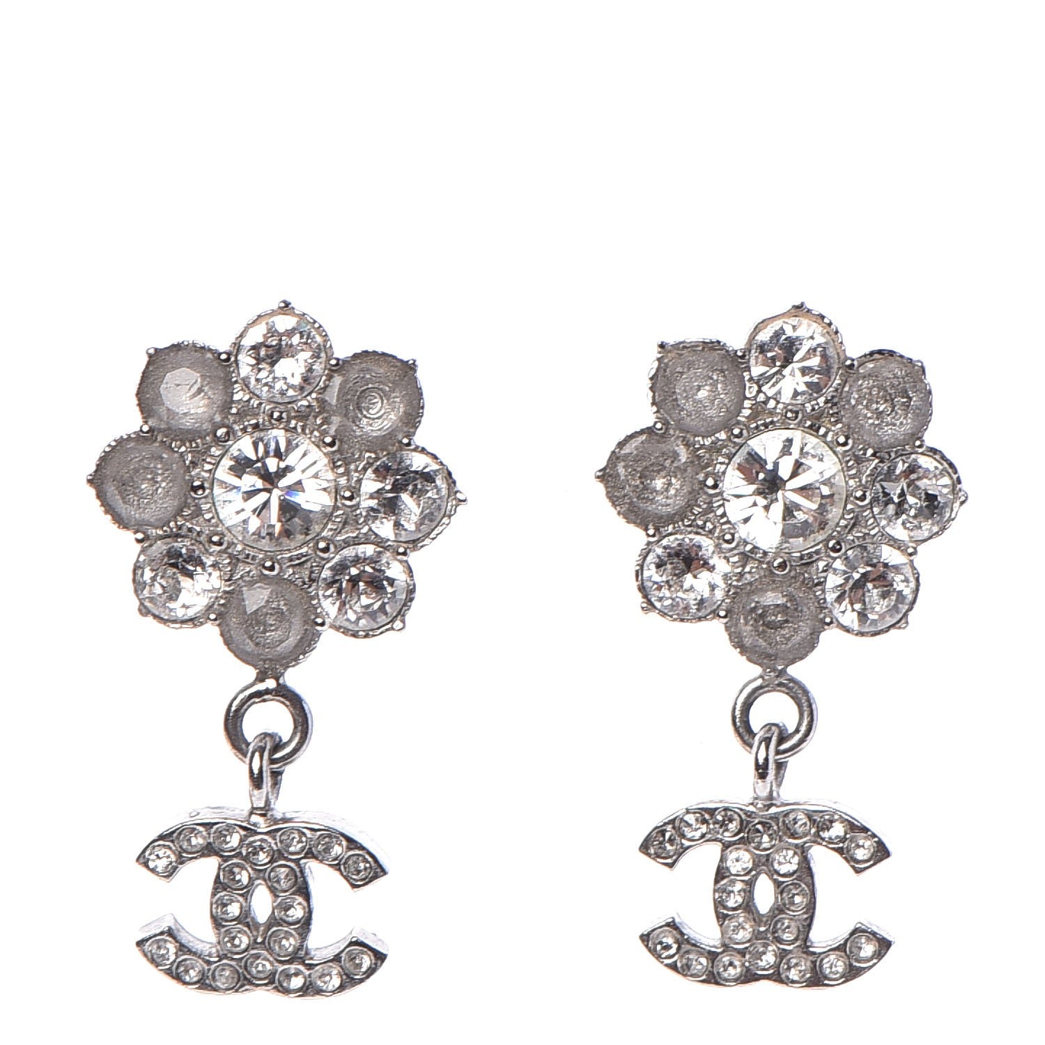 Chanel Crystal CC Camellia Drop Earrings Silver 1 of 5