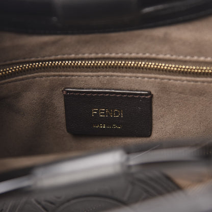 Fendi Glazed Fabric Vitello Century Plexiglass FF 1974 Stamp Patch Small Runaway Shopper Tote Mogano Panna Black 7 of 12