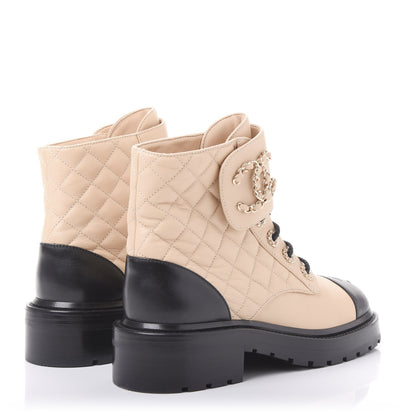 Chanel Lambskin Calfskin Quilted Lace Up Combat Boots 36.5 Beige Black 4 of 9