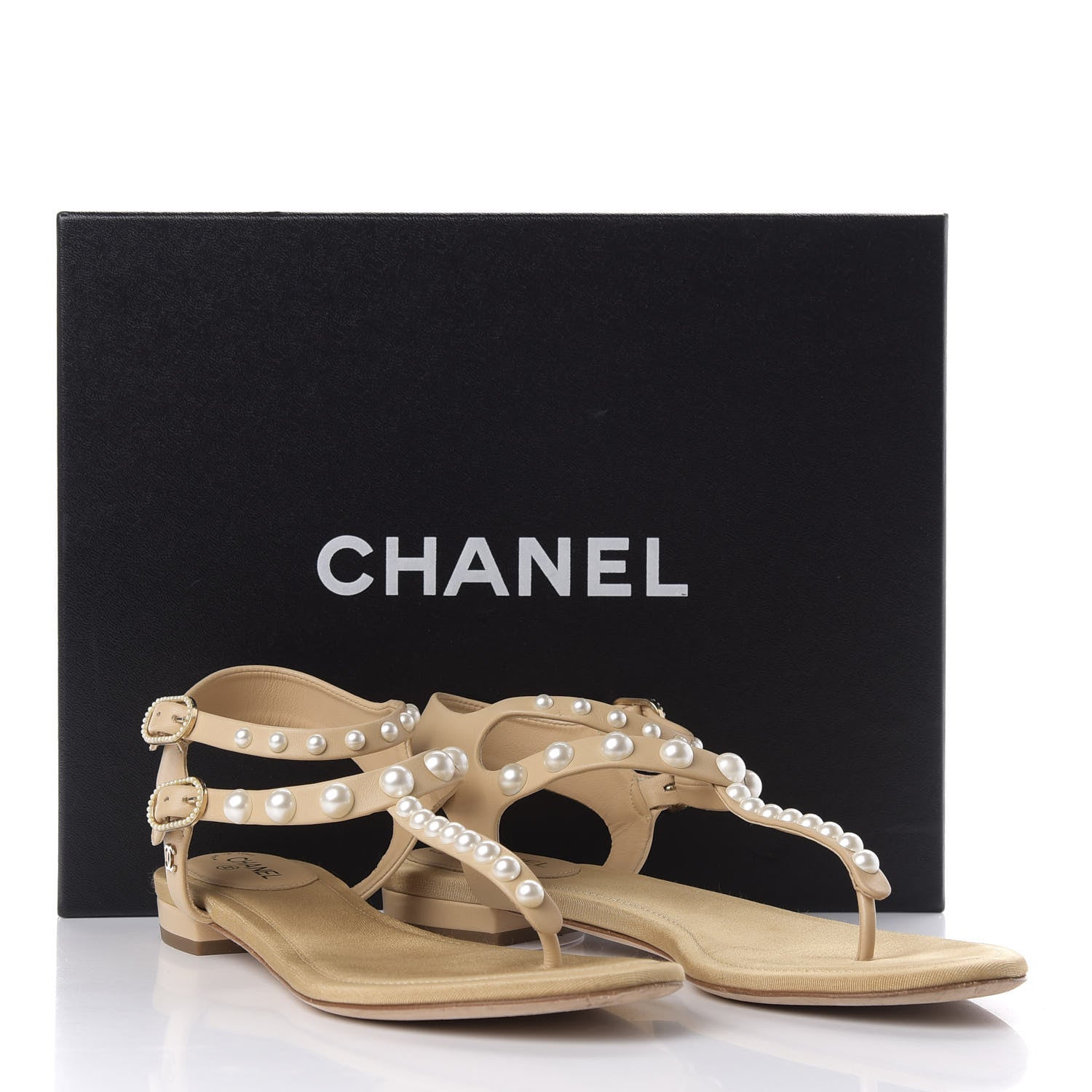 Chanel Lambskin Pearl Thong Sandals 37.5 Beige 9 of 9
