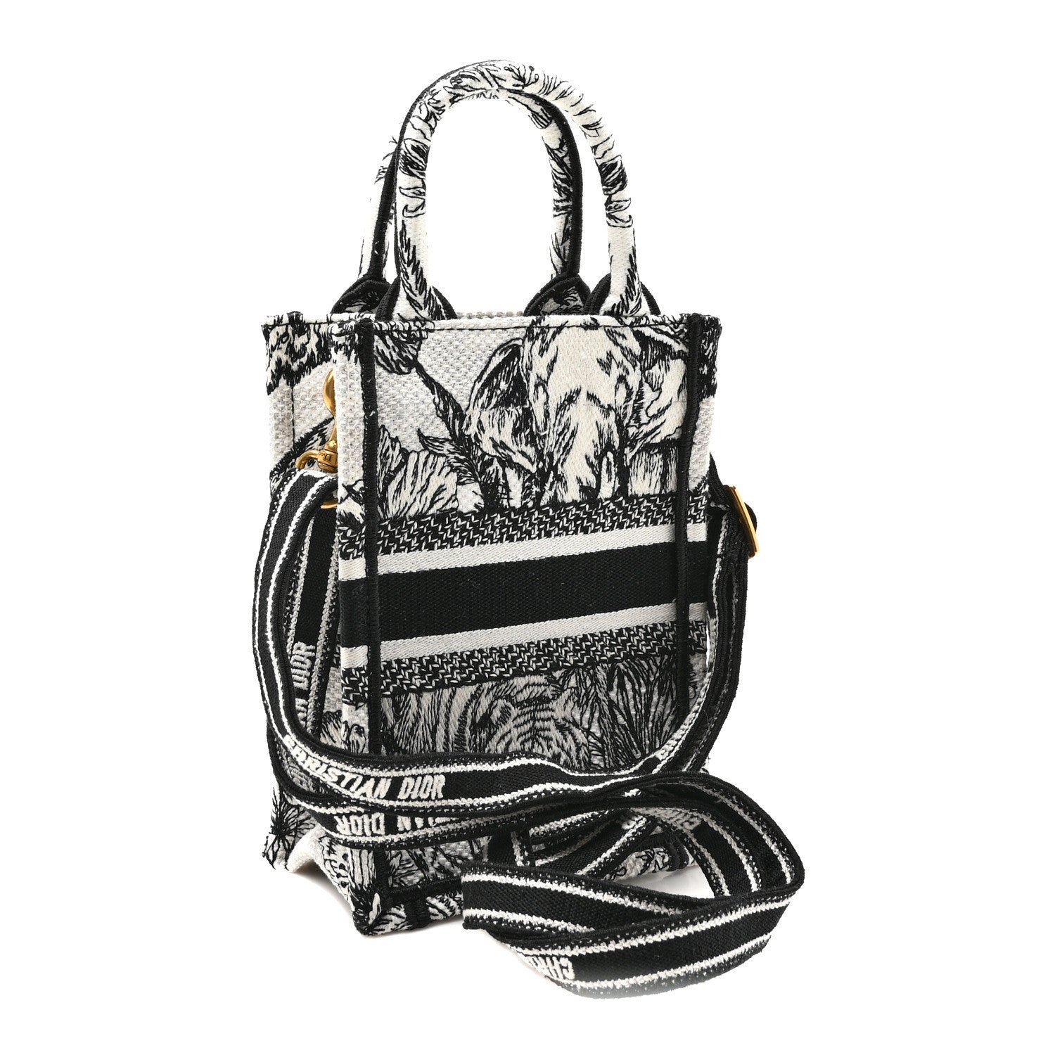 Christian Dior Canvas Toile de Jouy Voyage Embroidered Mini Book Tote Phone Bag White Black 3 of 10
