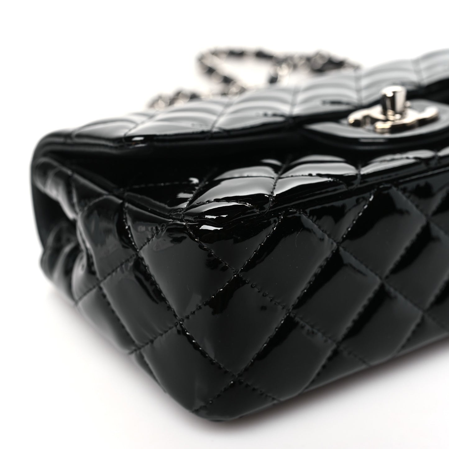 Patent Calfskin Quilted Mini Rectangular Flap Black