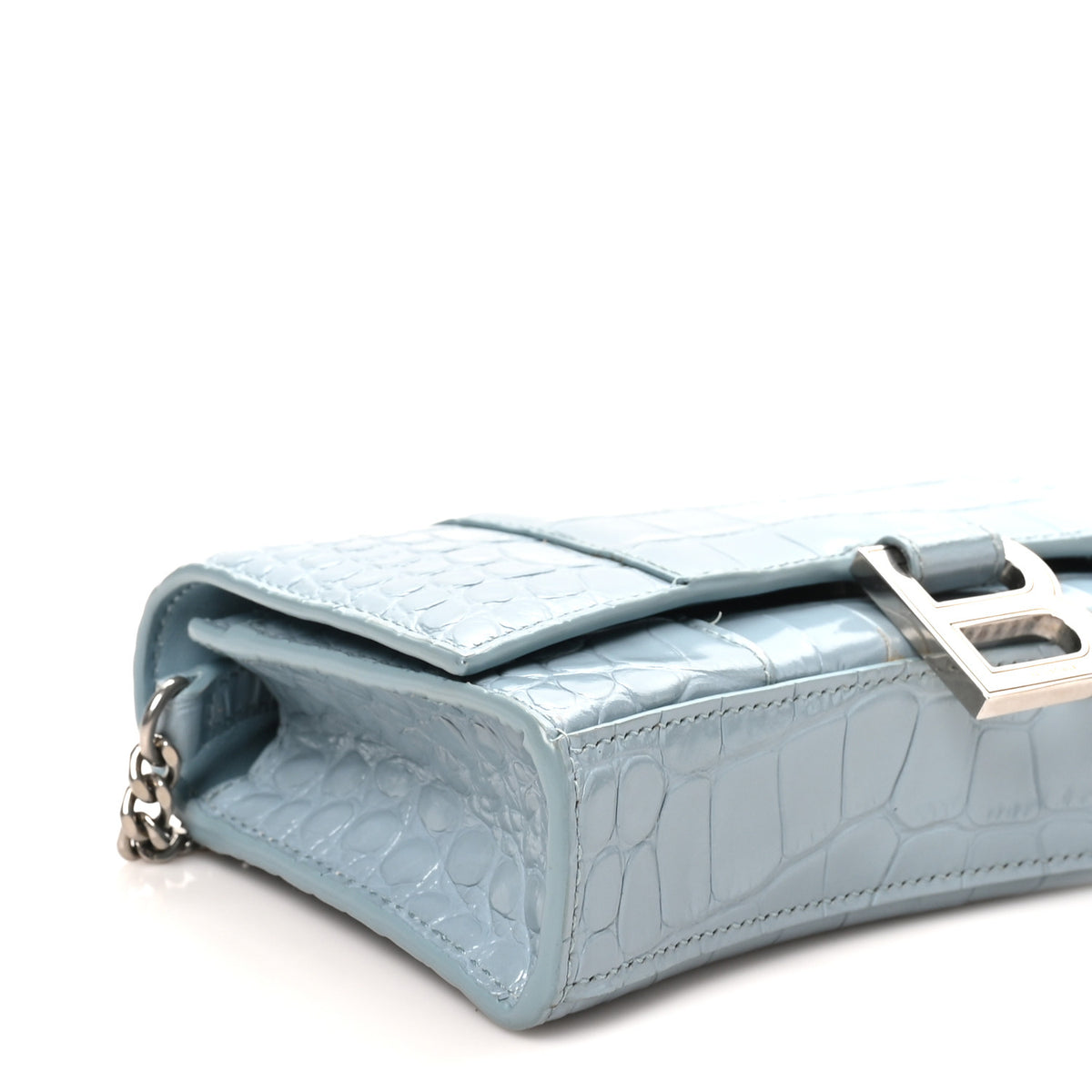 Shiny Calfskin Crocodile Embossed Hourglass Chain Bag Blue Grey