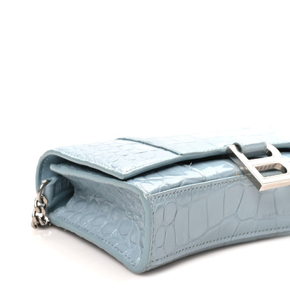 Balenciaga Shiny Calfskin Crocodile Embossed Hourglass Chain Bag Blue Grey 8 of 9