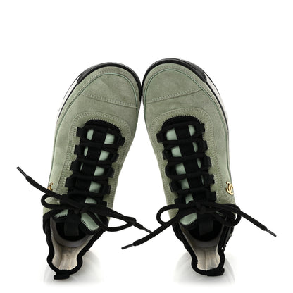 Chanel Suede Calfskin Nylon Grosgrain CC Sneakers 37.5 Light Green 2 of 10