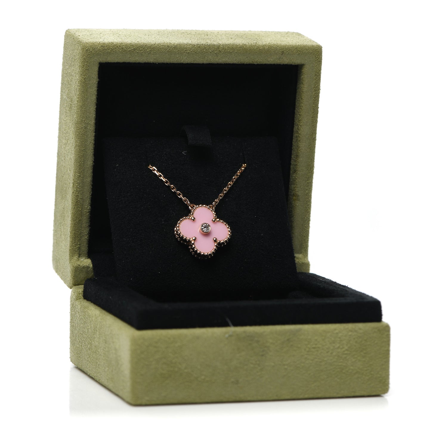 18K Rose Gold Diamond Pink Porcelain Vintage Alhambra Pendant Necklace