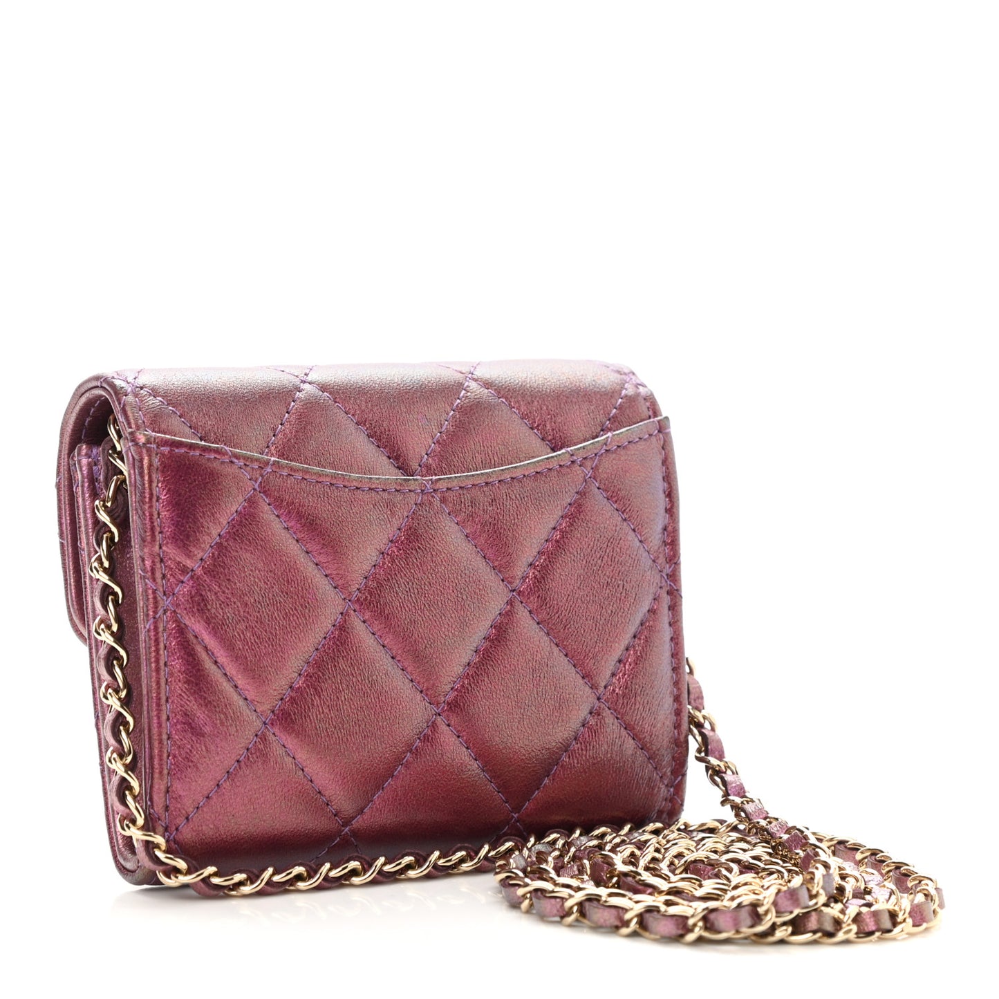Iridescent Lambskin Quilted Flap Card Holder On Chain Purple