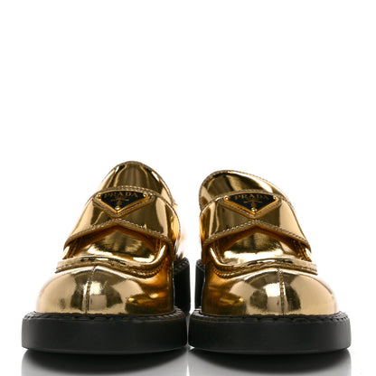 Prada Metallic Brushed Calfskin Metal Triangle Logo 50mm Loafers 39 Platino 2 of 7