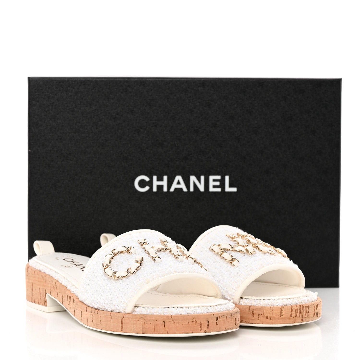 Chanel Tweed Cork CC Chain Mule Sandal 38 White 11 of 11