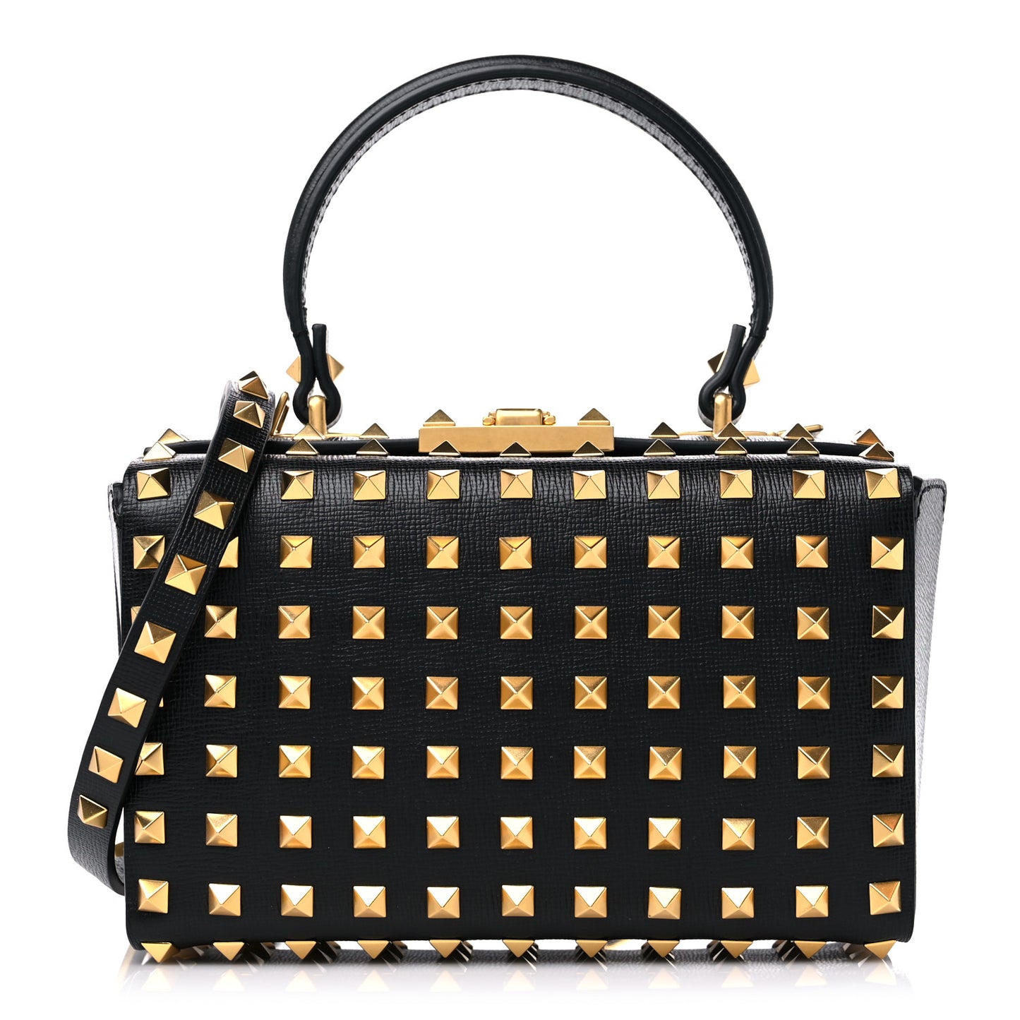Grainy Calfskin Rockstud Allover Alcove Box Shoulder Bag Black