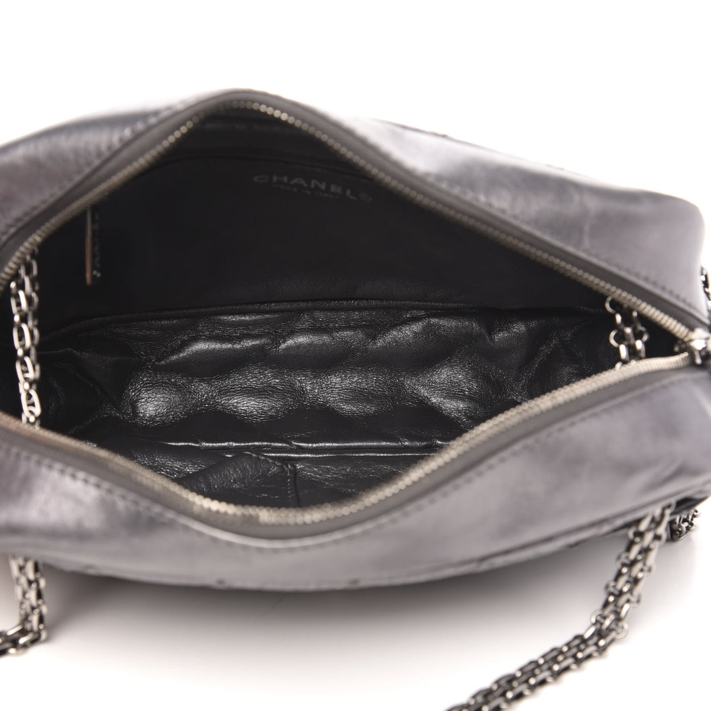 Metallic Aged Calfskin Quilted Medium Reissue Camera Case Dark Silver