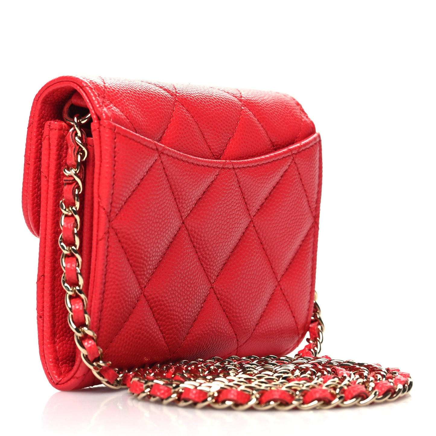 Caviar Quilted Flap Card Holder On Chain Red