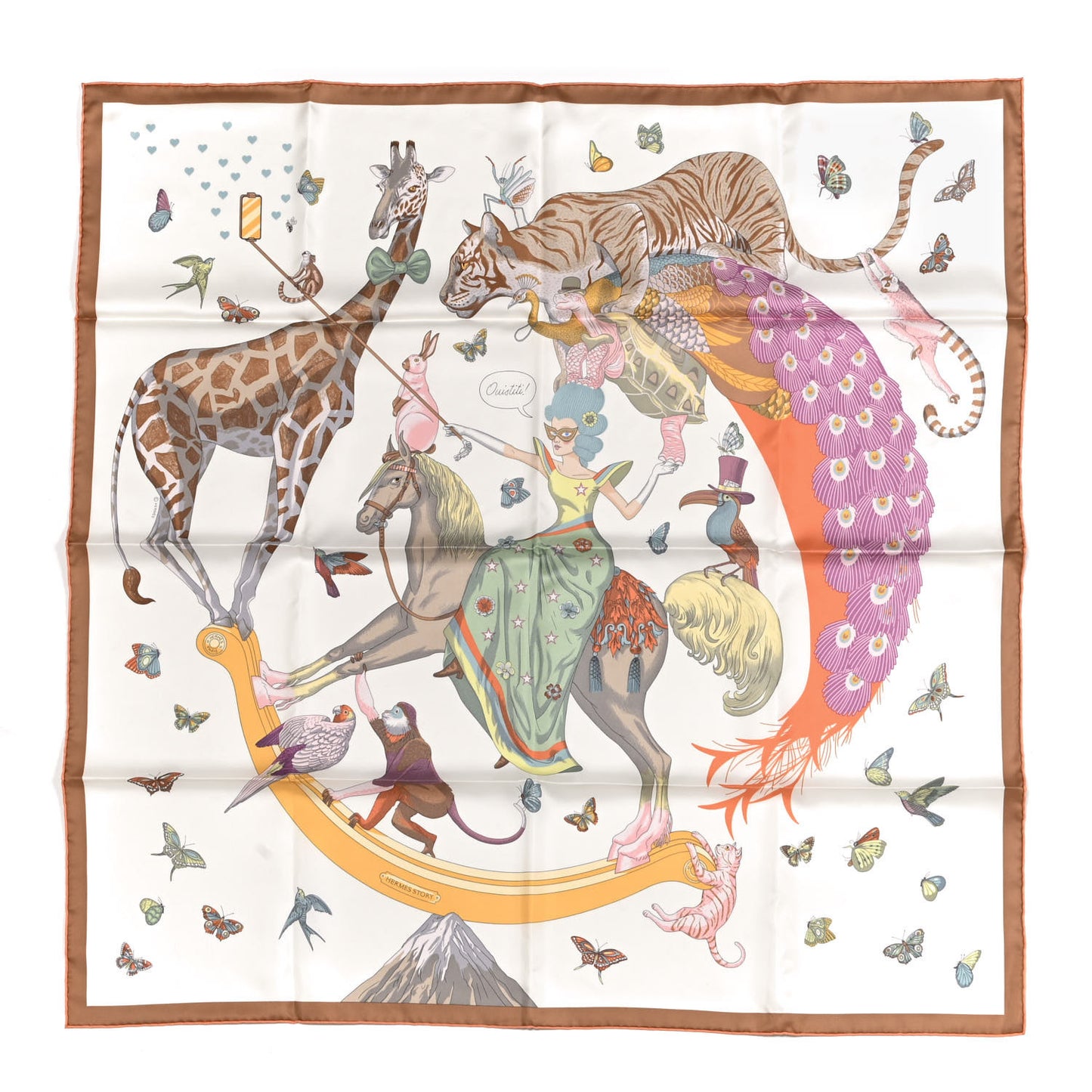 Silk Hermes Story Scarf 90 White Beige Multicolor