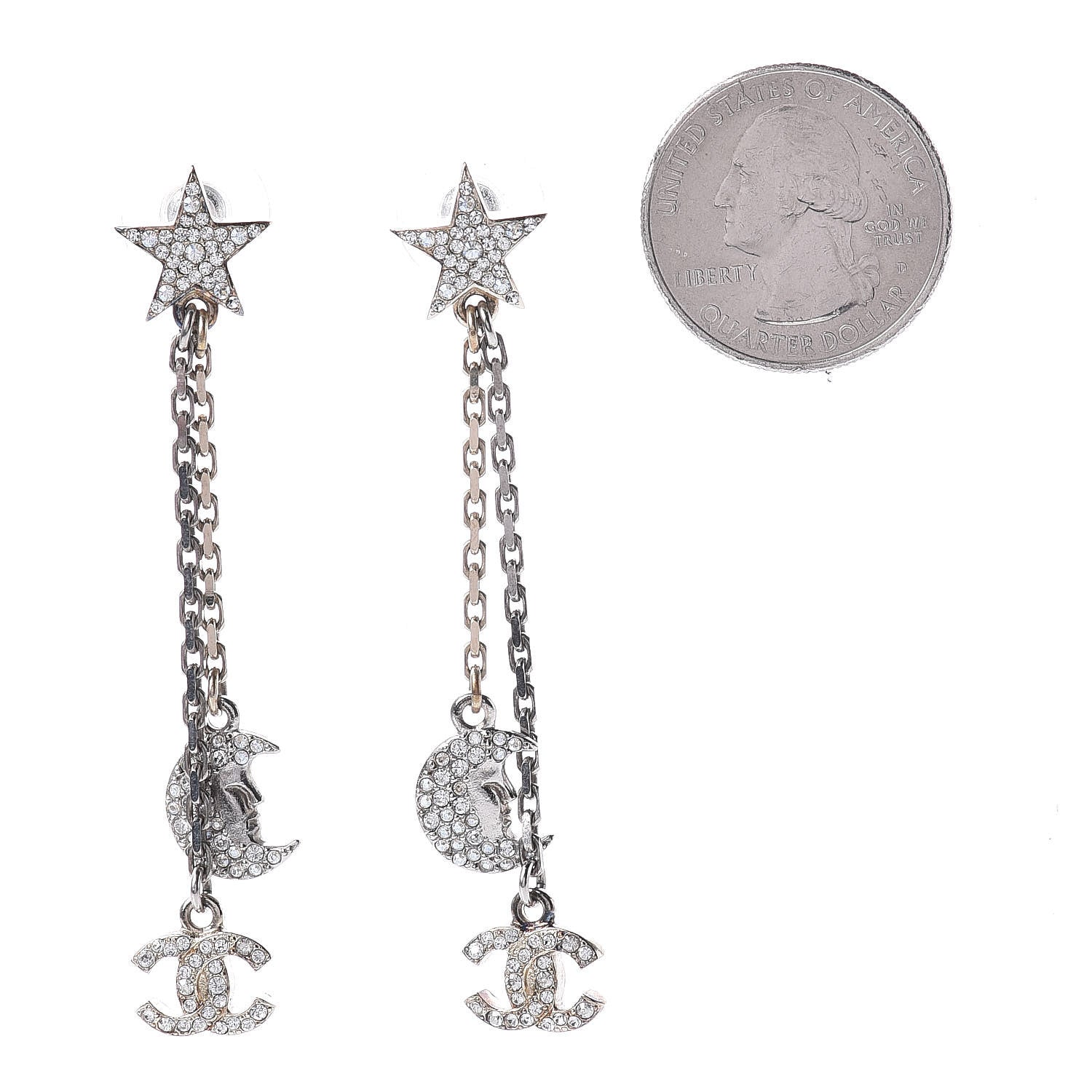 Chanel Crystal CC Star Moon Dangle Earrings Silver Gold 2 of 5