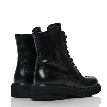 Prada Spazzolato Brogue Perforated Womens Wingtip Combat Boots 38.5 Black 4 of 7