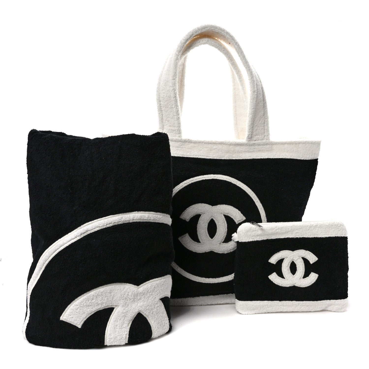 Chanel Terry Cotton CC Beach Tote Towel Set Black White 1 of 9