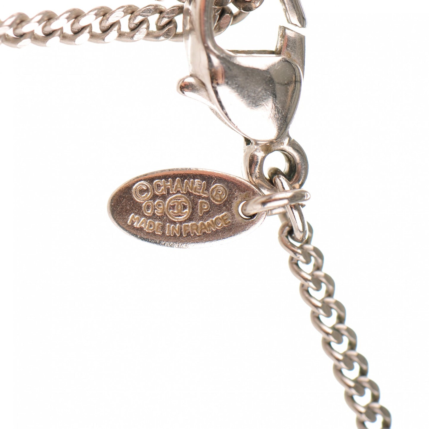 Crystal Baguette Pearl CC Necklace Silver