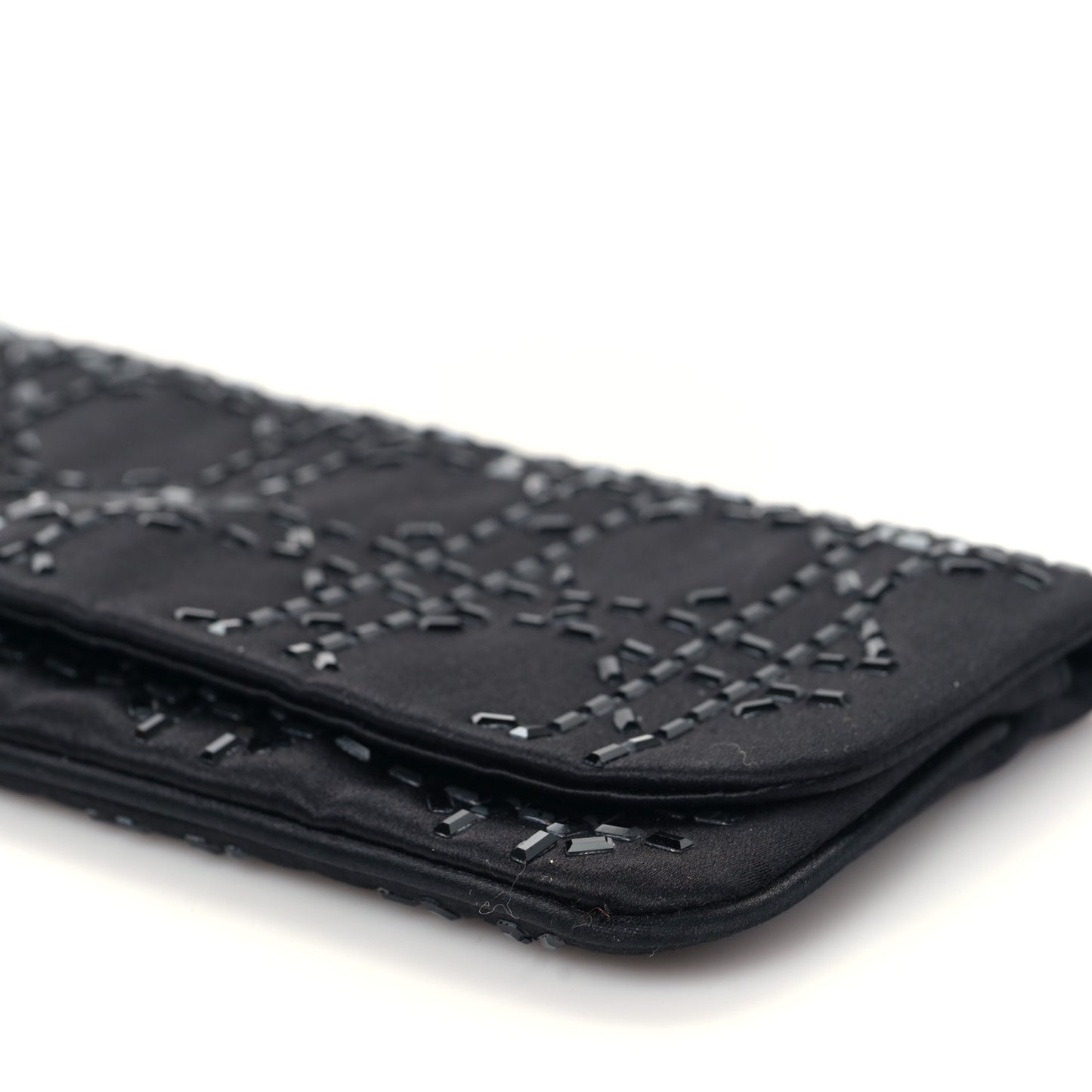 Satin Crystal Cannage Flap Clutch Black