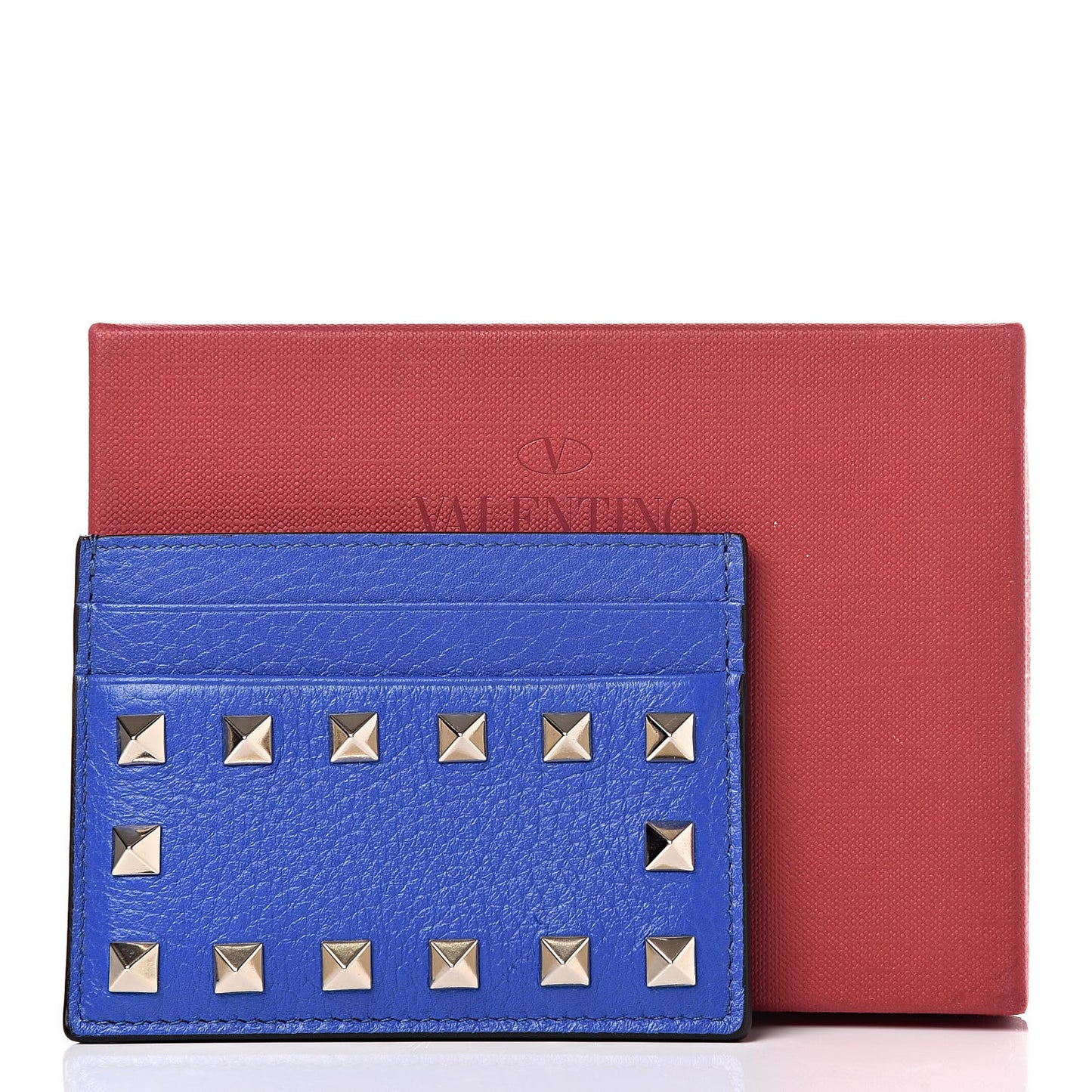 Pebbled Calfskin Rockstud Card Holder Acid Blue