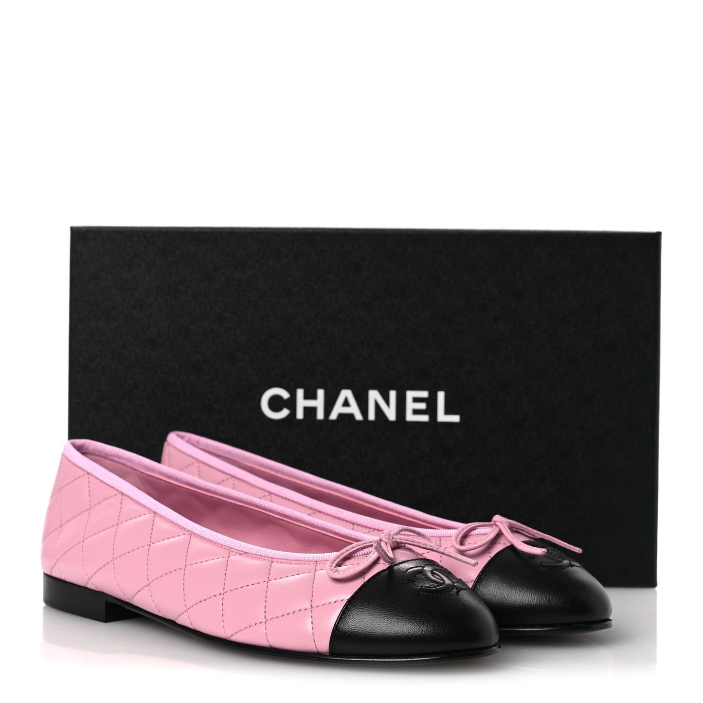 Lambskin Quilted CC Cap Toe Ballerina Flats 38.5 Pink Black