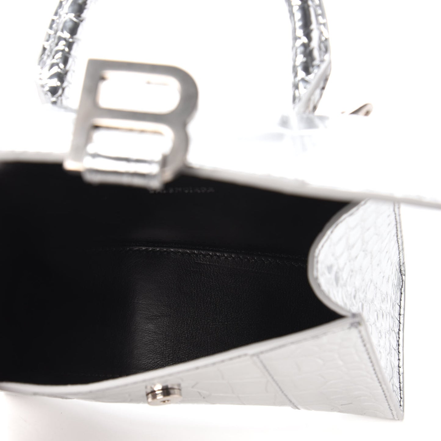 Metallic Calfskin Crocodile Embossed Hourglass Top Handle Bag XS Silver