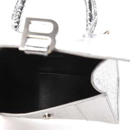 Balenciaga Metallic Calfskin Crocodile Embossed Hourglass Top Handle Bag XS Silver 5 of 9