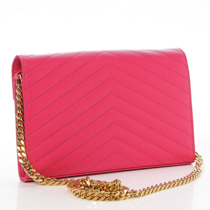 Saint Laurent Grain De Poudre Matelasse Chevron Monogram Chain Wallet Lipstick Fuchsia 3 of 7