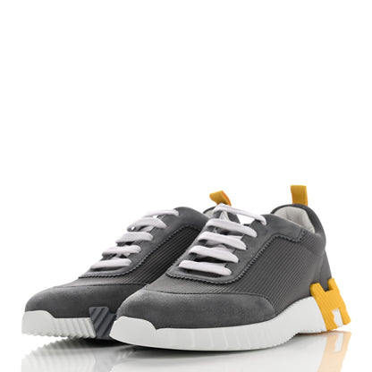 Hermes Technical Canvas Suede Goatskin Bouncing Sneakers 40 Gris Fume Jaune 3 of 8