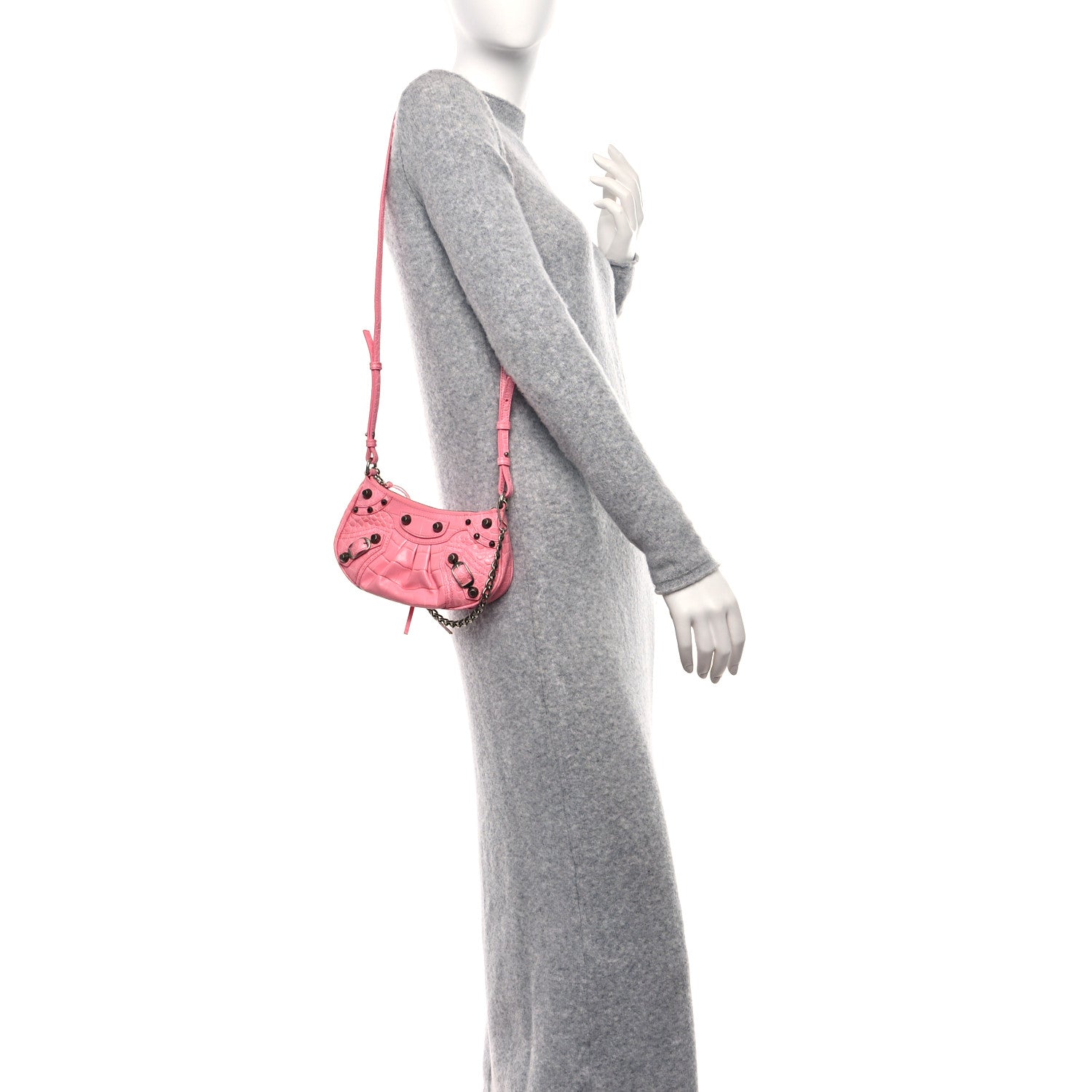 Balenciaga Extra Supple Calfskin Crocodile Embossed Le Cagole Mini Purse With Chain Sweet Pink 2 of 10