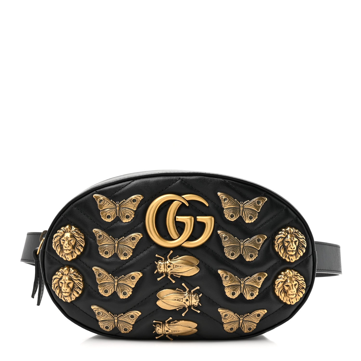 Gucci Calfskin Matelasse Animal Studs GG Marmont Belt Bag Black 1 of 10