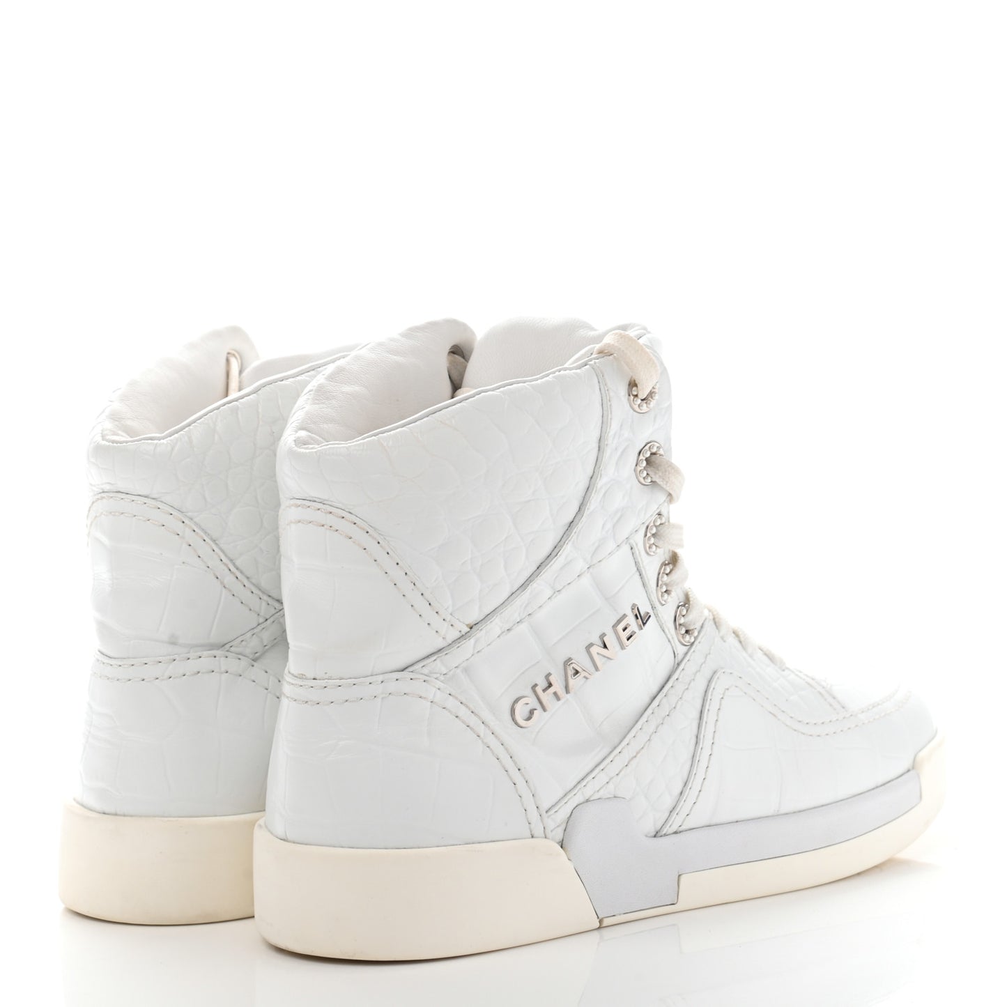 Calfskin Crocodile Embossed Cocodile High Top Sneakers 38 White
