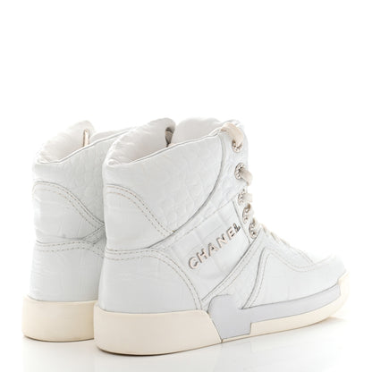 Chanel Calfskin Crocodile Embossed Cocodile High Top Sneakers 38 White 4 of 15
