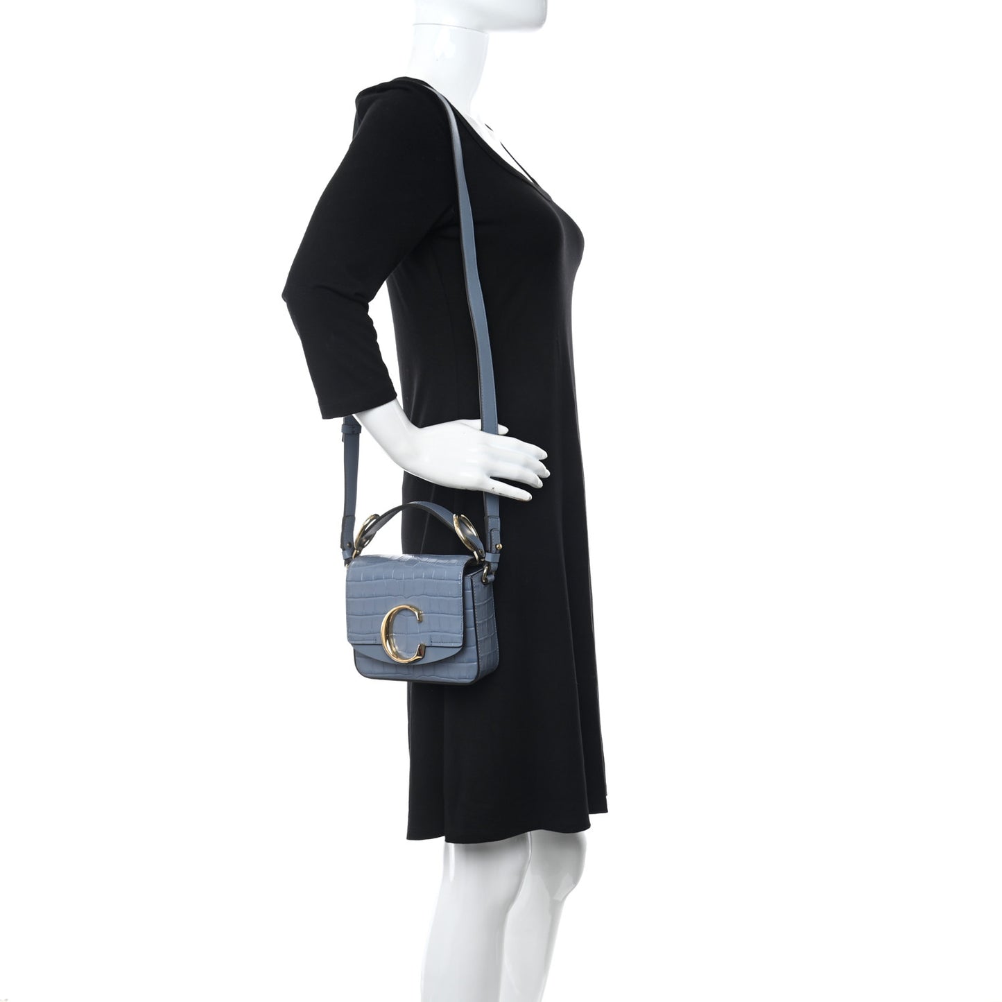 Calfskin Crocodile Embossed Mini C Double Carry Ash Blue