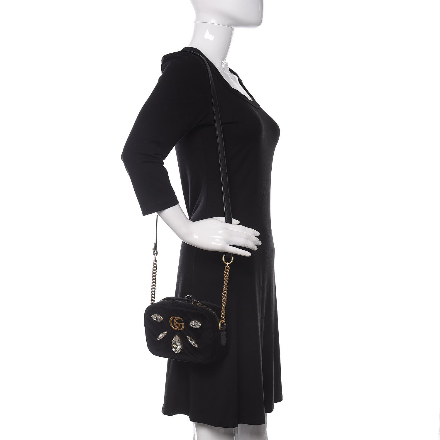 Gucci Velvet Matelasse Marquise Crystals Mini GG Marmont Chain Shoulder Bag Black 2 of 10