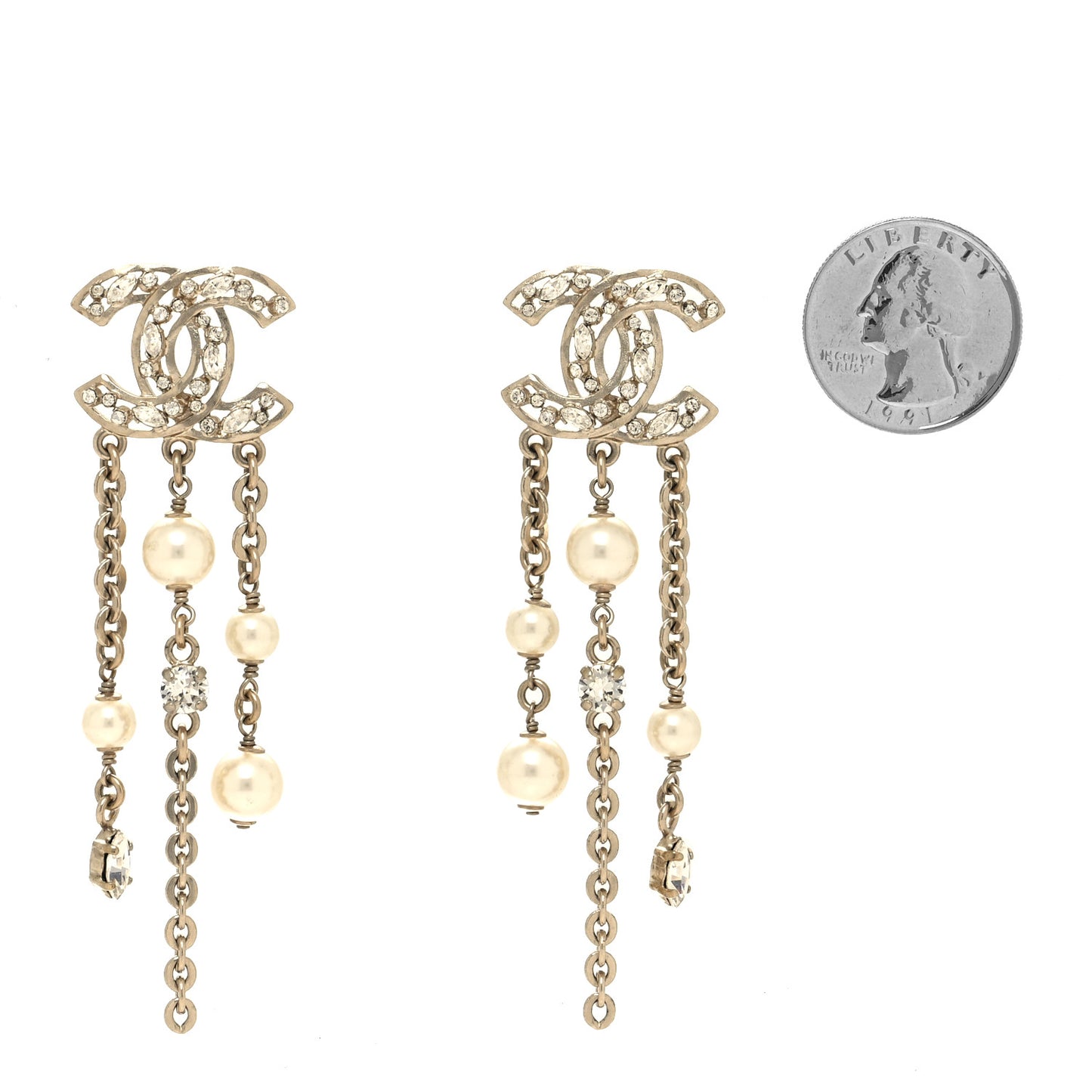 Pearl Baguette Crystal CC Chain Drop Earrings Light Gold Pearly White