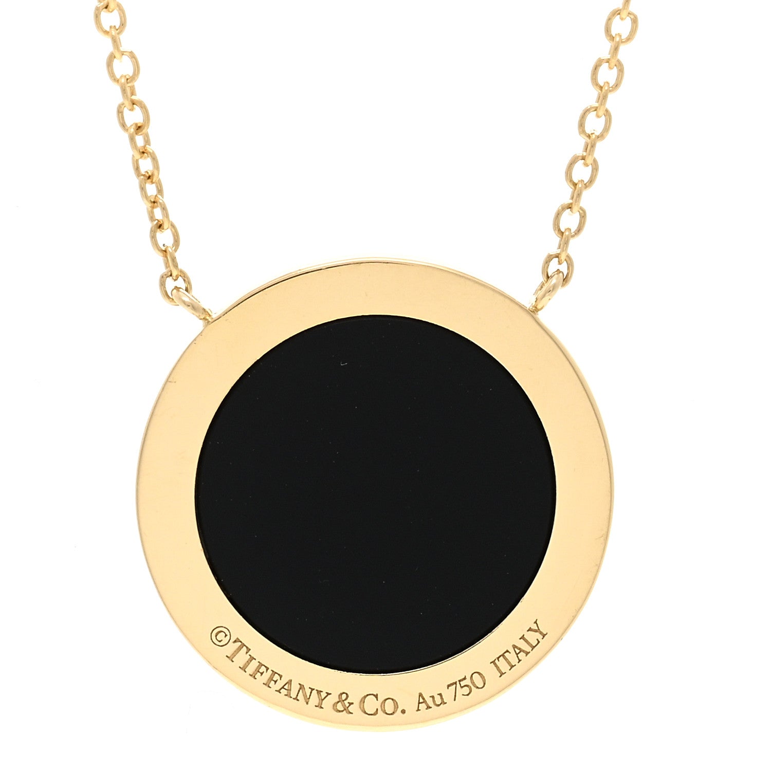 Tiffany 18K Yellow Gold Diamond Black Onyx 16mm T Circle Pendant Necklace 4 of 5