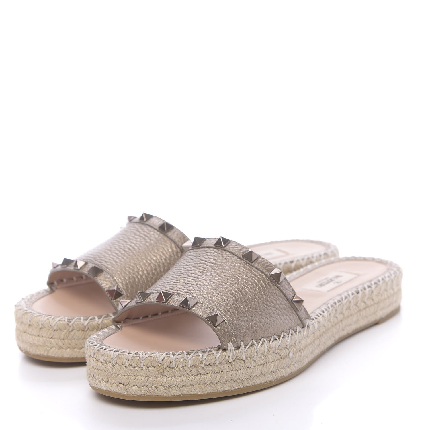 Valentino Garavani Metallic Grained Calfskin Rockstud Espadrille Flat Slide Sandals 39 Skin Natural 3 of 9
