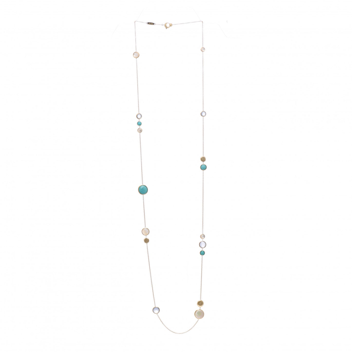 18K Yellow Gold Turquoise Mother of Pearl Chalcedony Jaipur Long Station Necklace