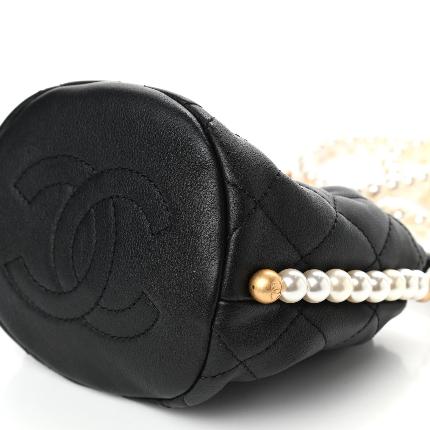 Calfskin Quilted Pearl Mini About Pearls Drawstring Bucket Bag Black