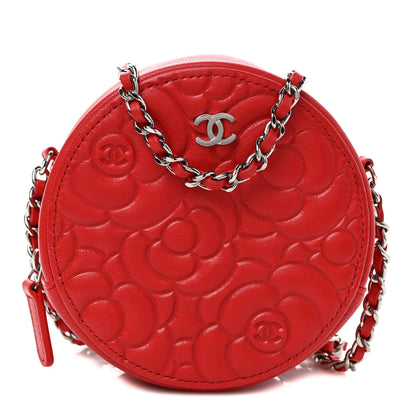 Chanel Lambskin Camellia Quilted Round Clutch With Chain Red 1 of 9