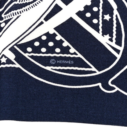 Hermes Silk Cashmere Grand Manege Bandana Shawl 140 Marine White 3 of 6