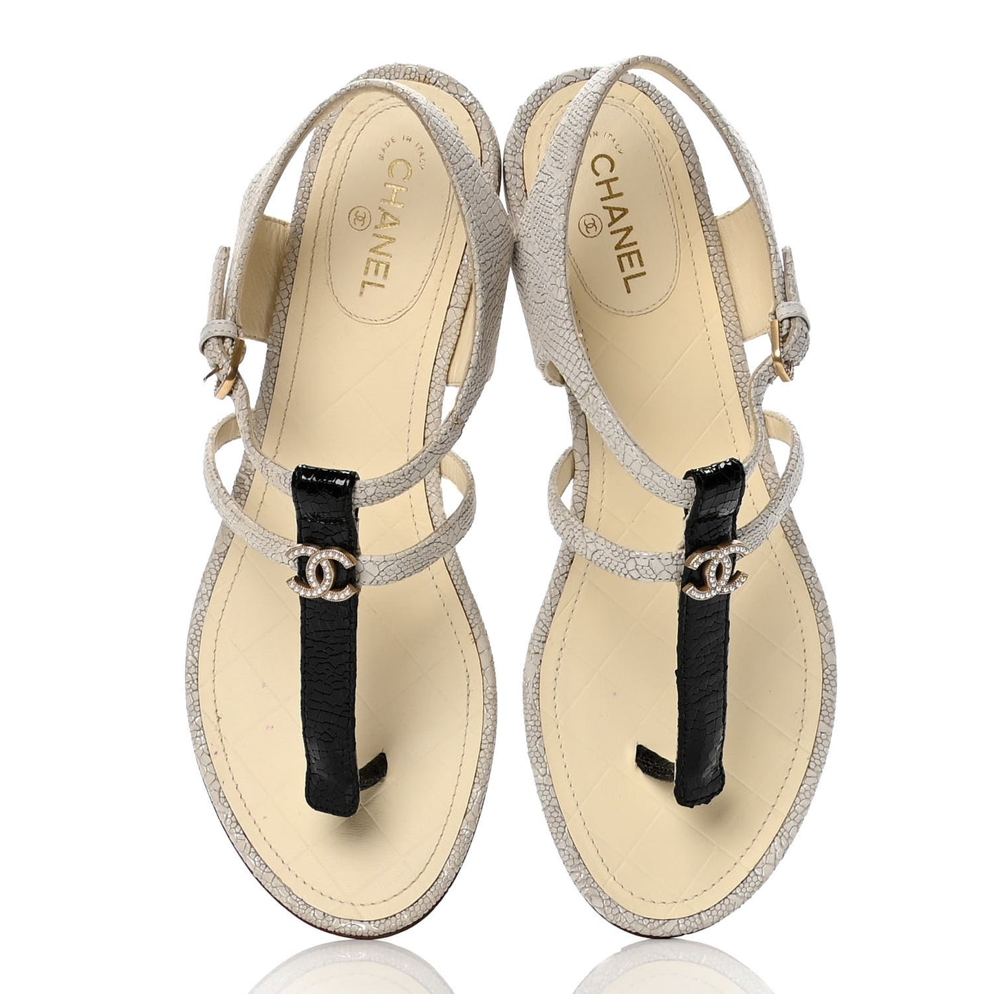 Crackled Calfskin CC Thong Sandals 37 White Black