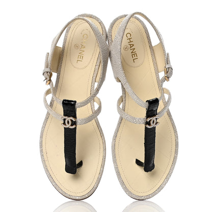 Chanel Crackled Calfskin CC Thong Sandals 37 White Black 5 of 10