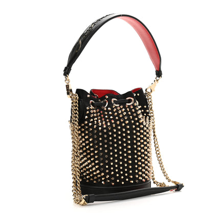Christian Louboutin Silk Satin Calfskin Marie Jane Loubirun Studded Bucket Black Gold Platine 3 of 12